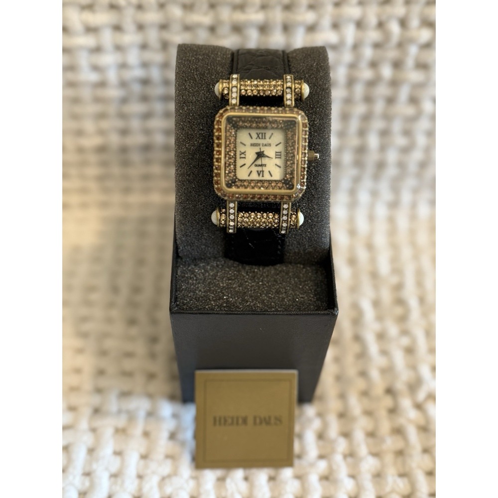 Heidi Daus Topaz Crystal Quartz Watch Black Croc Band Square Face 129099HFW
